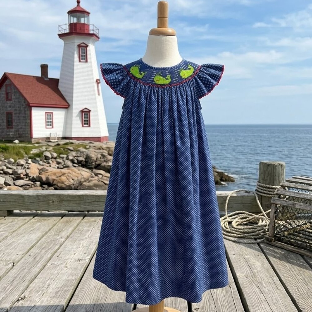 Lolly Wolly Doodle Bishop Smocked Whale Dress Size 4T